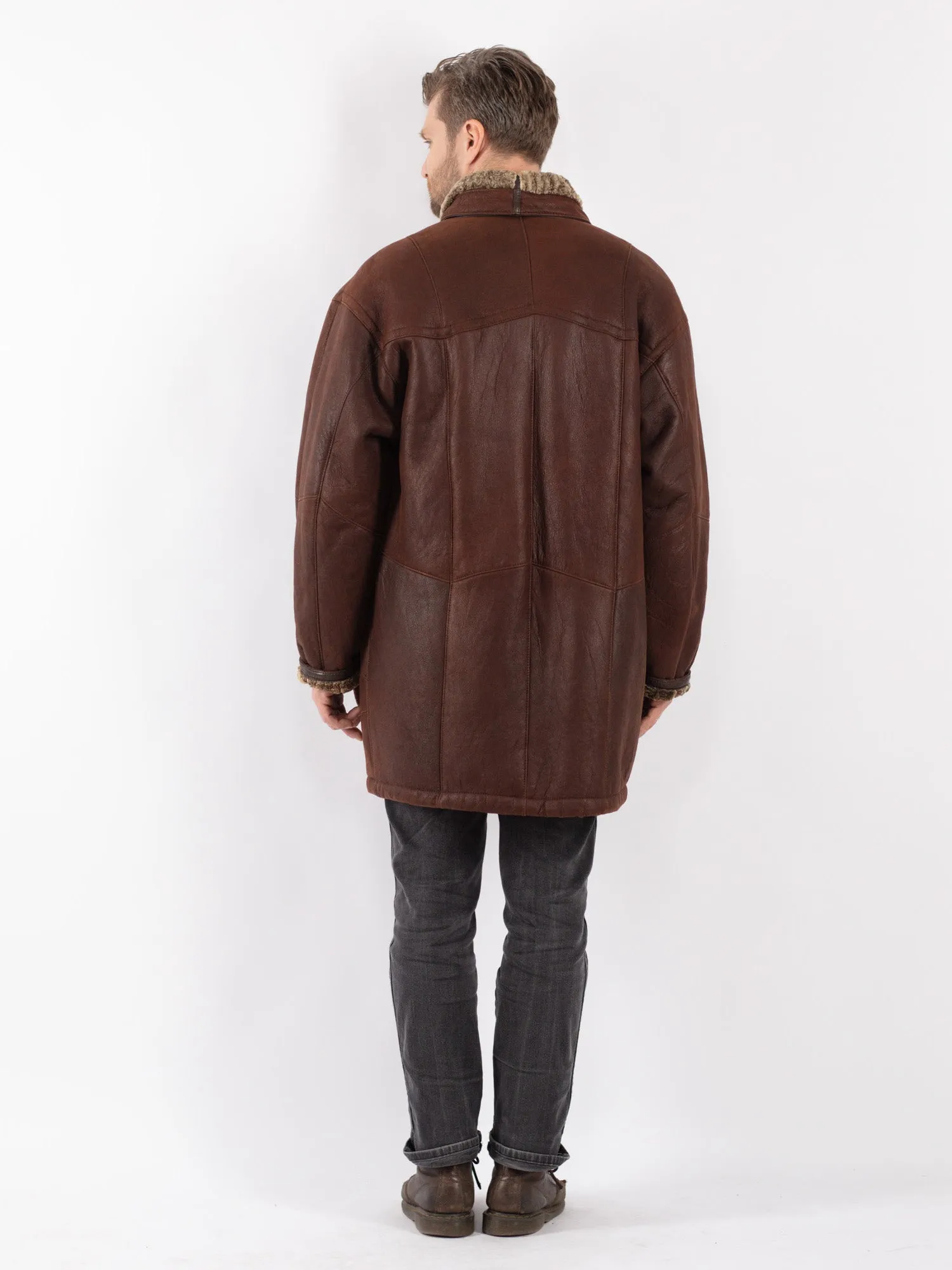 Vintage 80's Men Oversized Sheepskin Coat in Brown