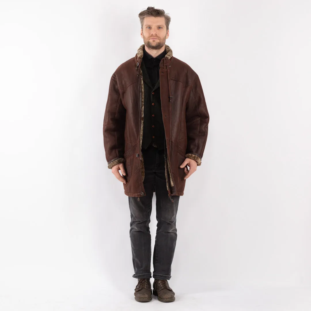 Vintage 80's Men Oversized Sheepskin Coat in Brown