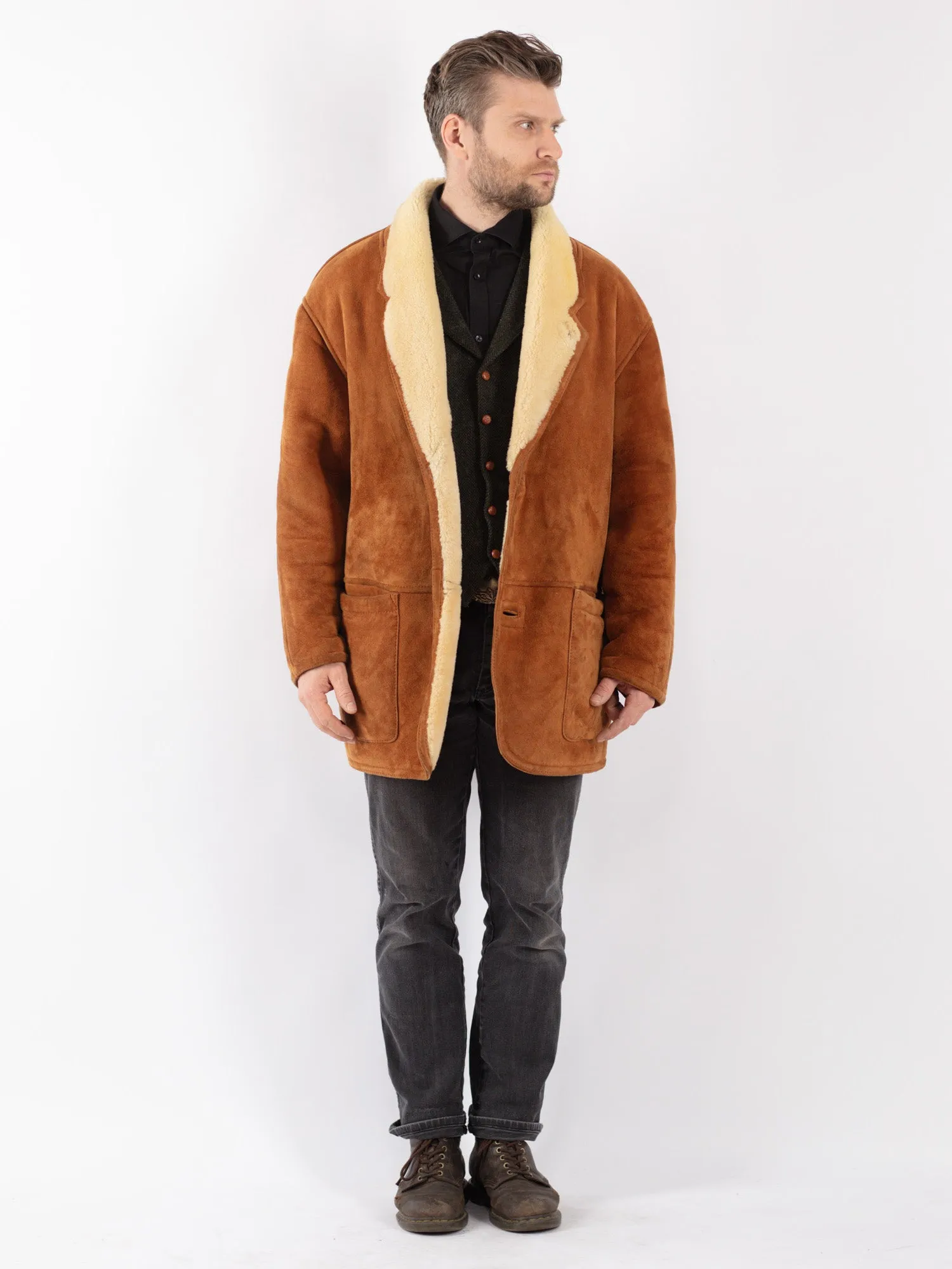 Vintage 80's Men Sheepskin Coat in Brown