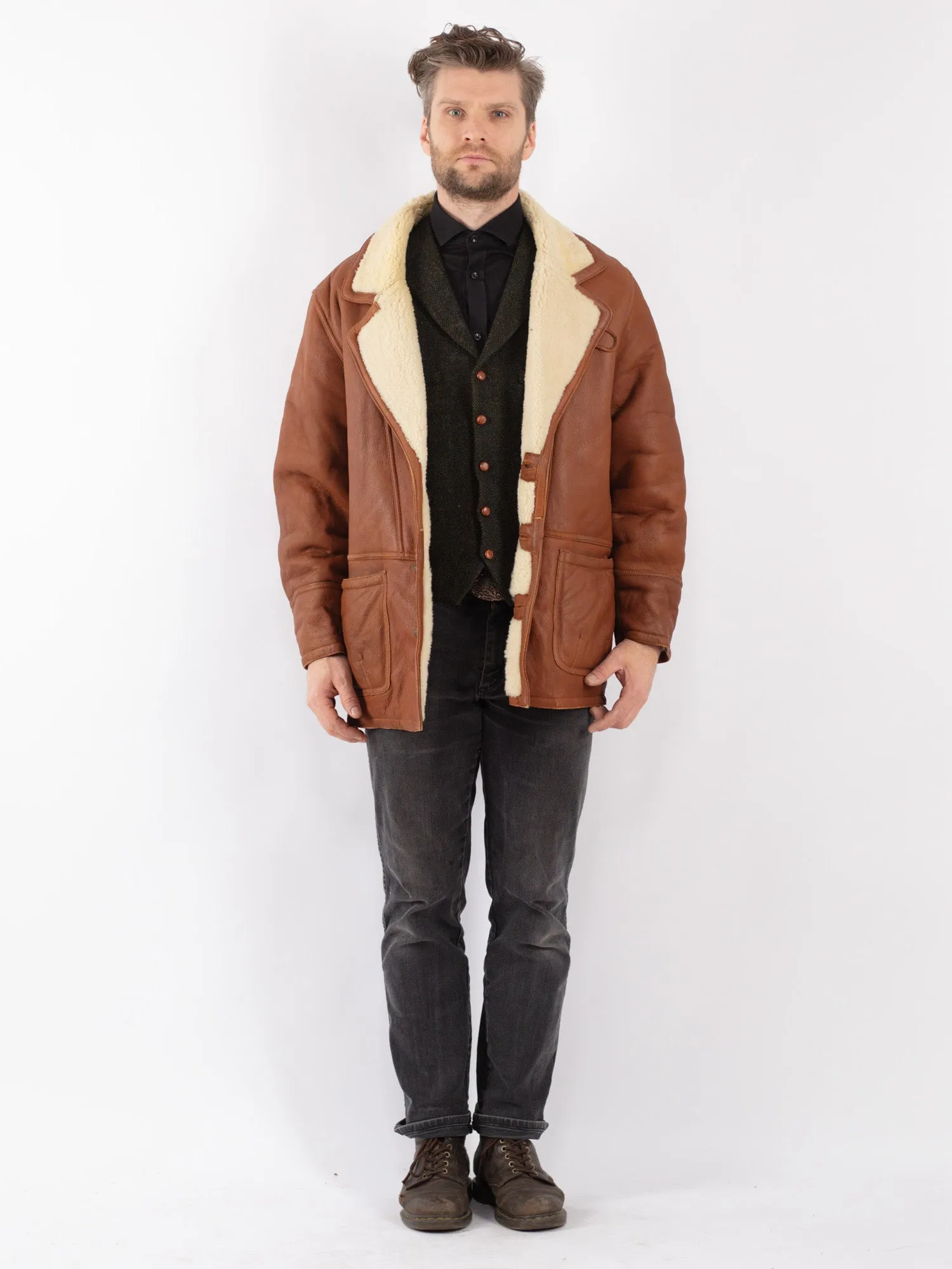 Vintage 80's Men Sheepskin Shearling Coat in Brown