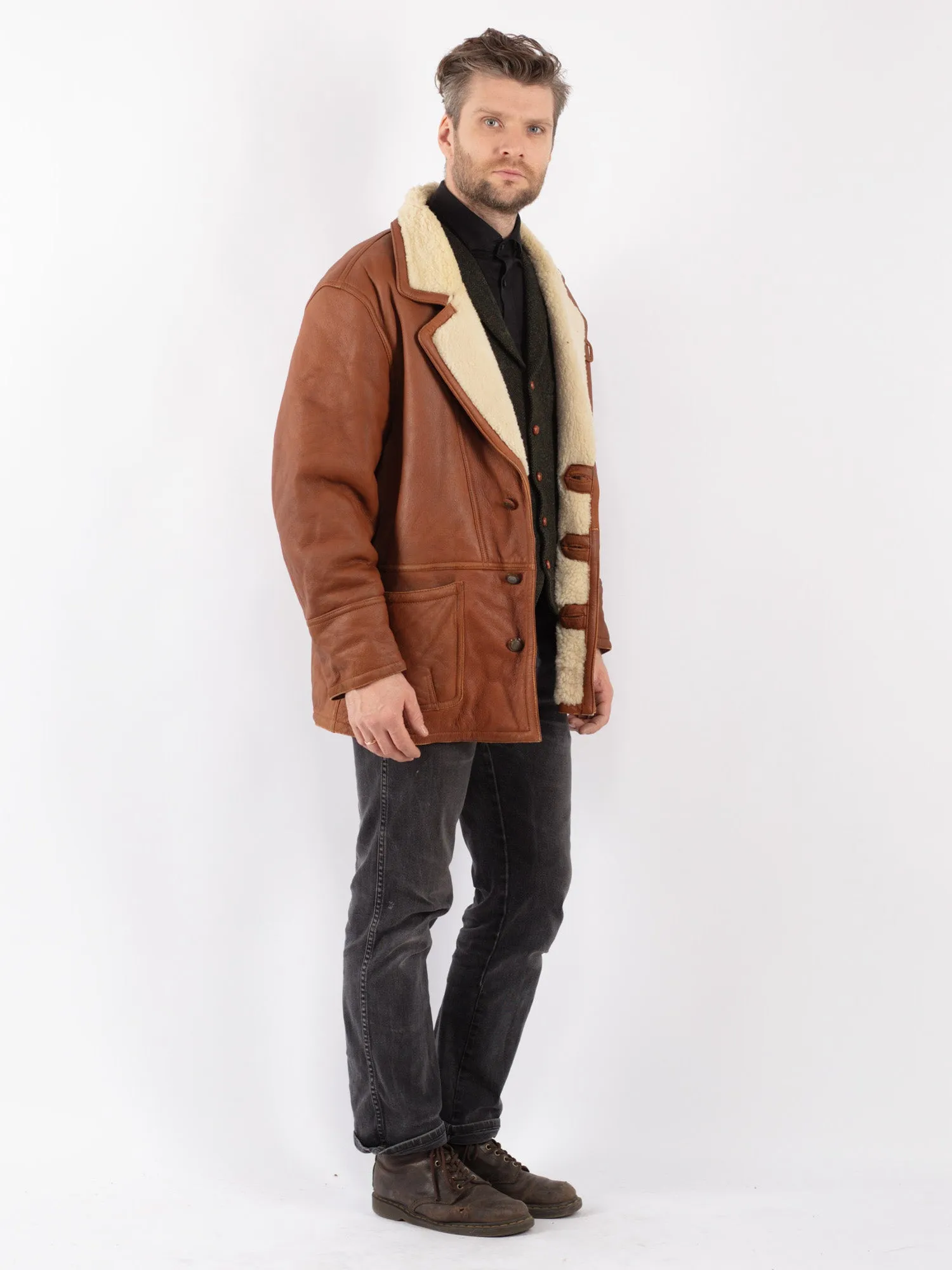 Vintage 80's Men Sheepskin Shearling Coat in Brown