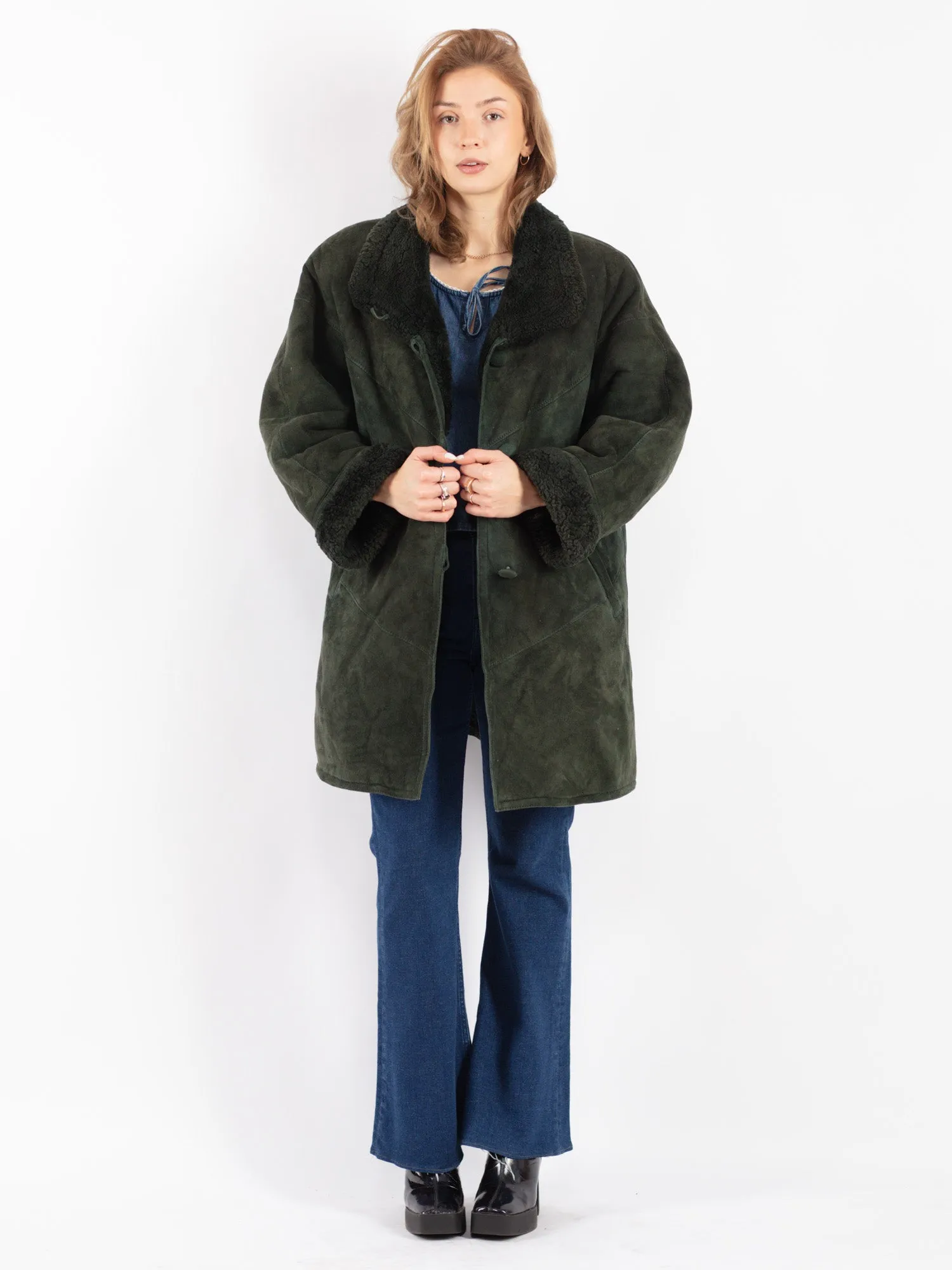 Vintage 80's Women Hide Society Sheepskin Coat in Green