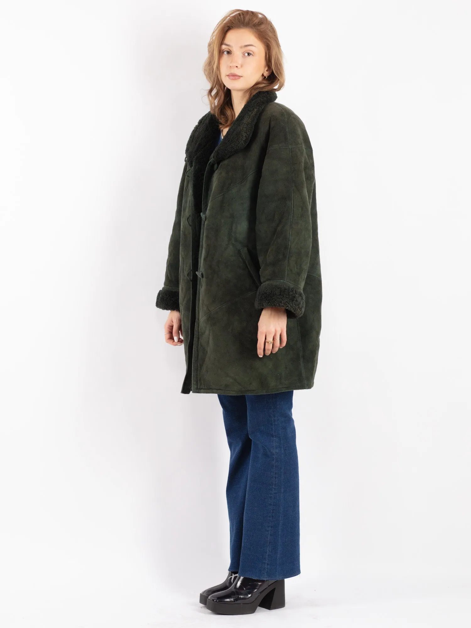 Vintage 80's Women Hide Society Sheepskin Coat in Green