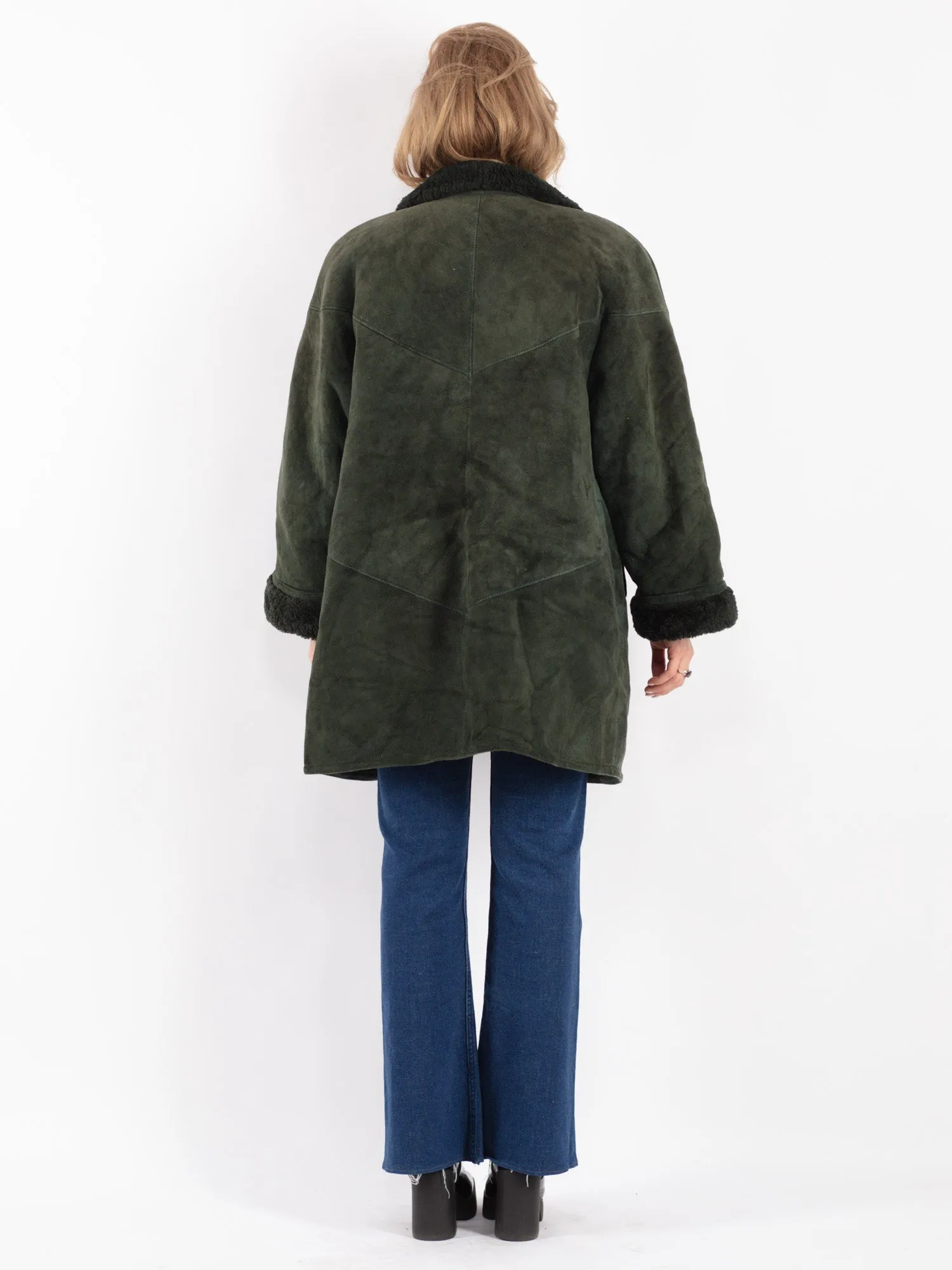 Vintage 80's Women Hide Society Sheepskin Coat in Green