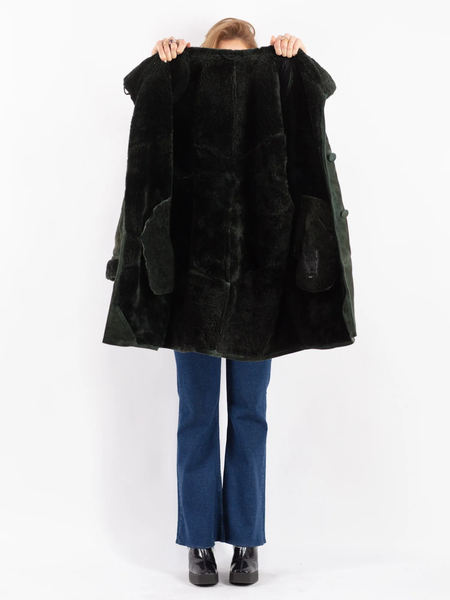 Vintage 80's Women Hide Society Sheepskin Coat in Green