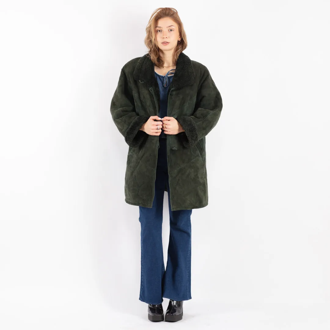 Vintage 80's Women Hide Society Sheepskin Coat in Green