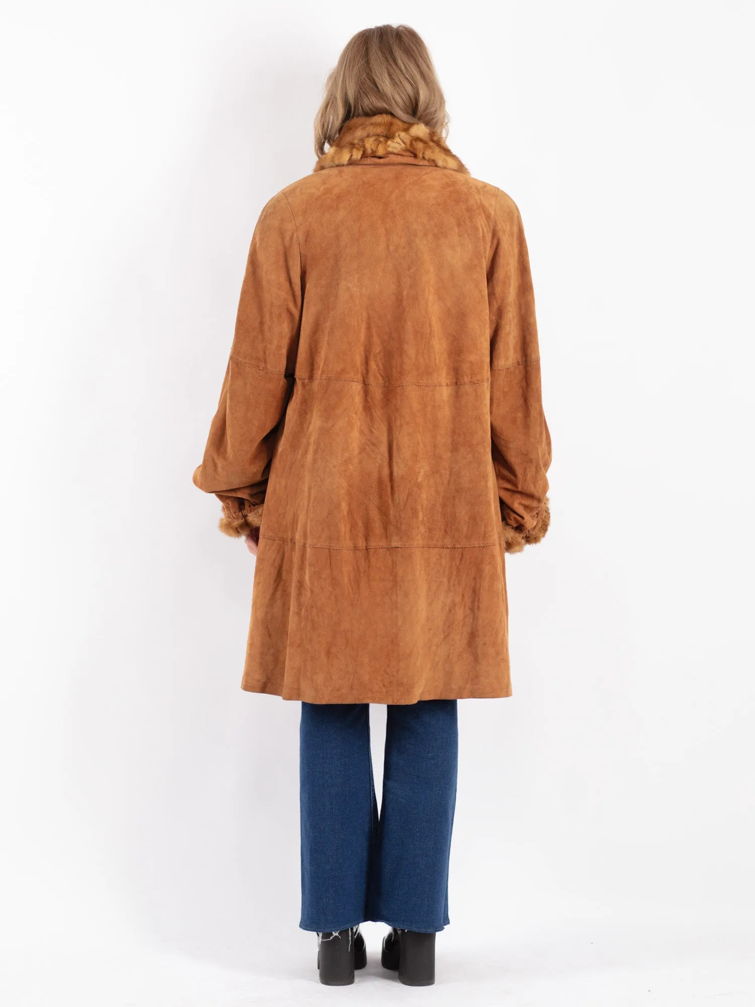 Vintage 80's Women Suede Fur Coat in Brown