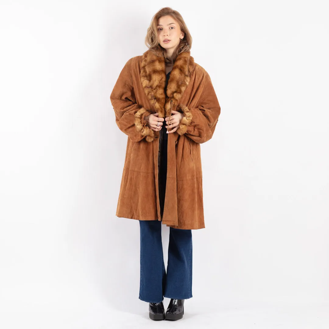 Vintage 80's Women Suede Fur Coat in Brown