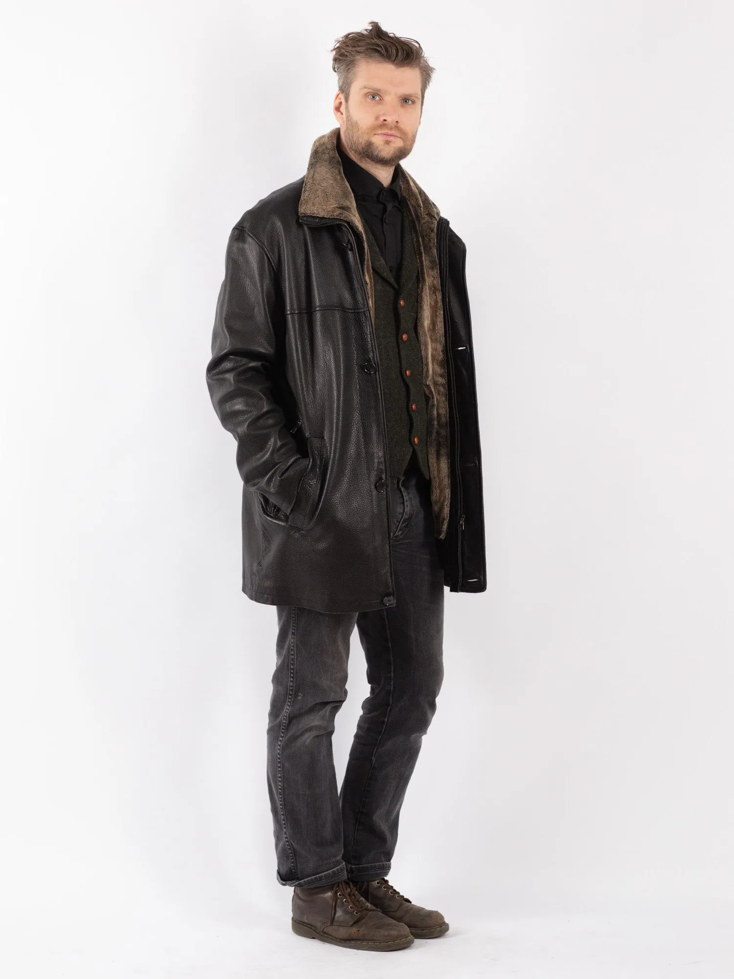 Vintage 90's Men Leather Sherpa Coat in Black