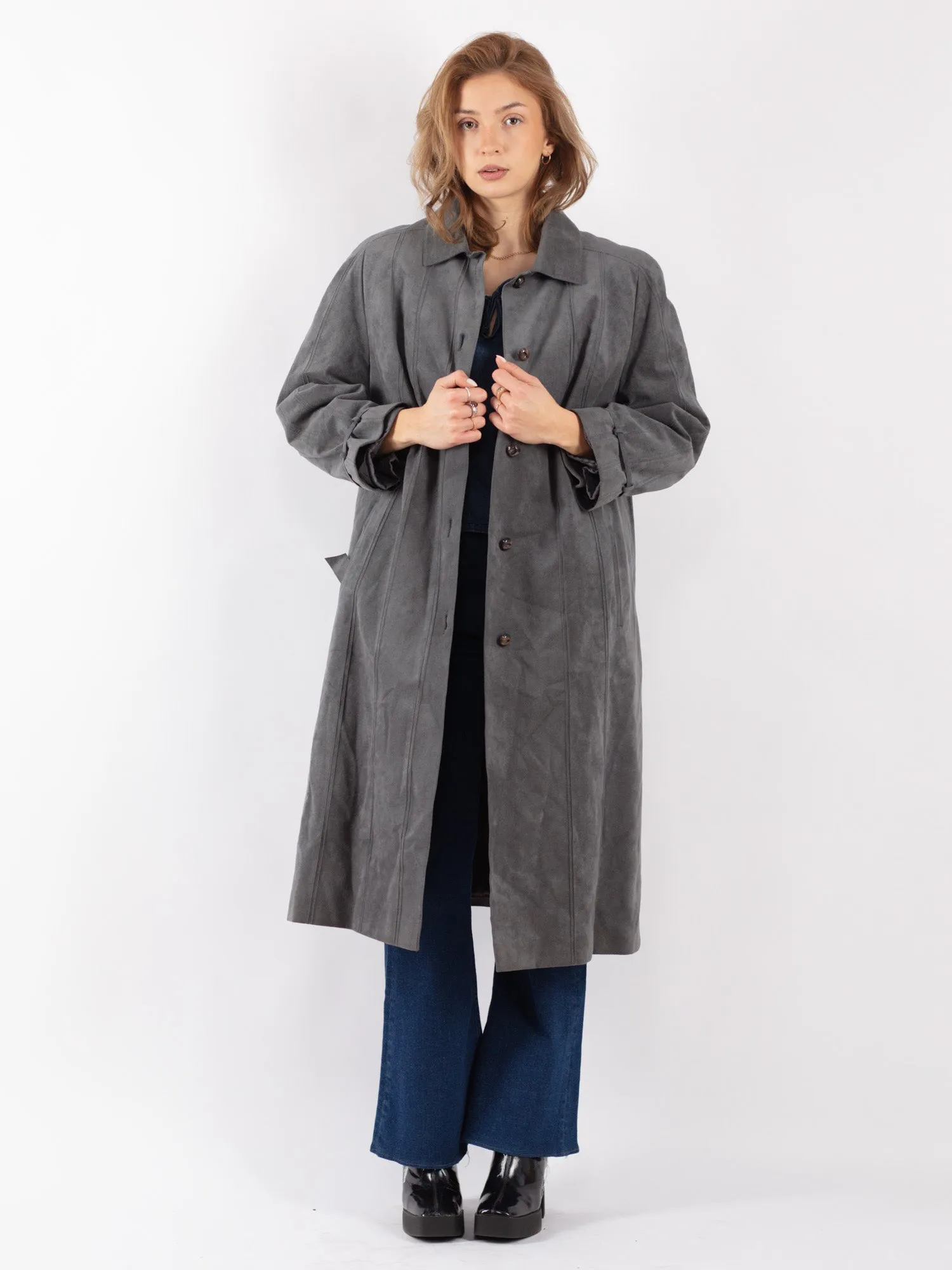 Vintage 90's Women Faux Sheepskin Coat in Gray