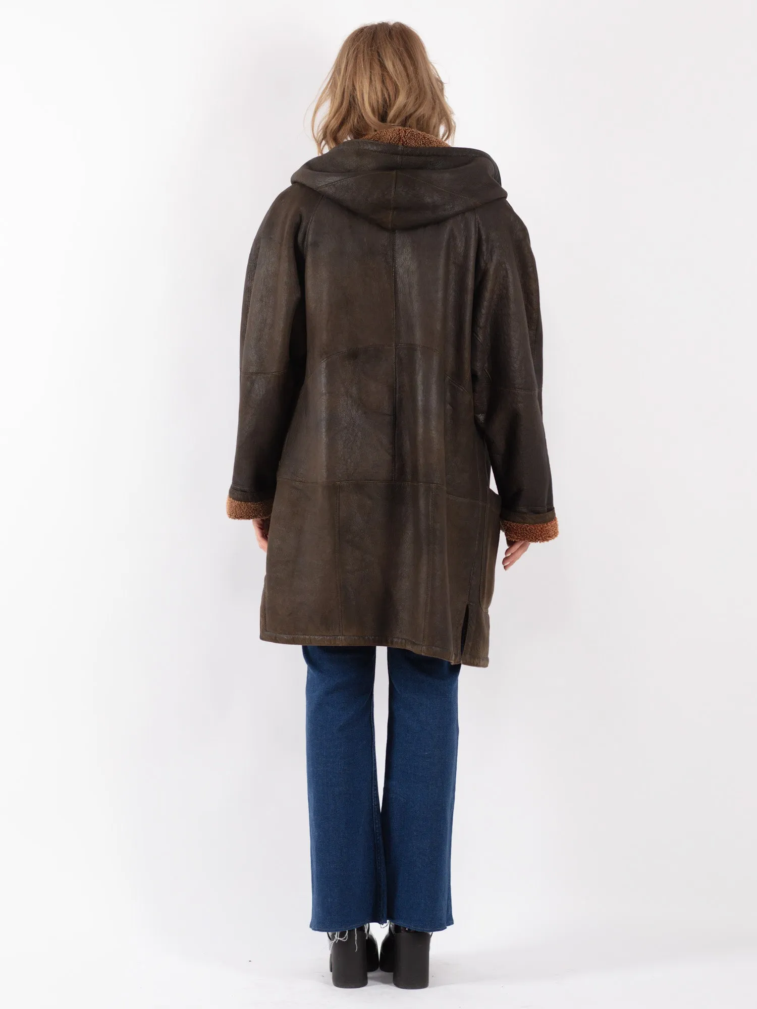 Vintage 90's Women Hooded Sheepskin Coat in Brown