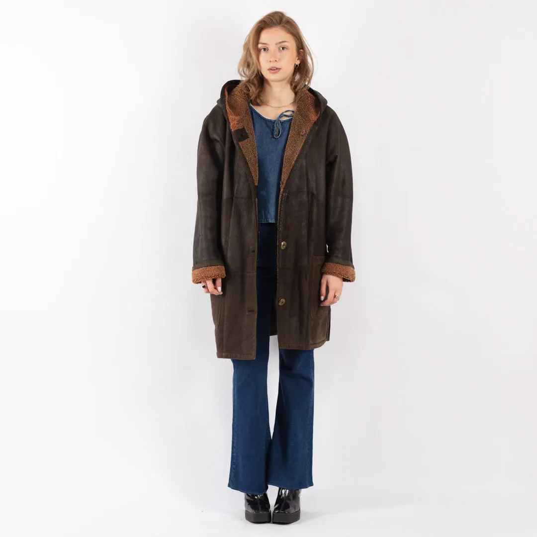 Vintage 90's Women Hooded Sheepskin Coat in Brown