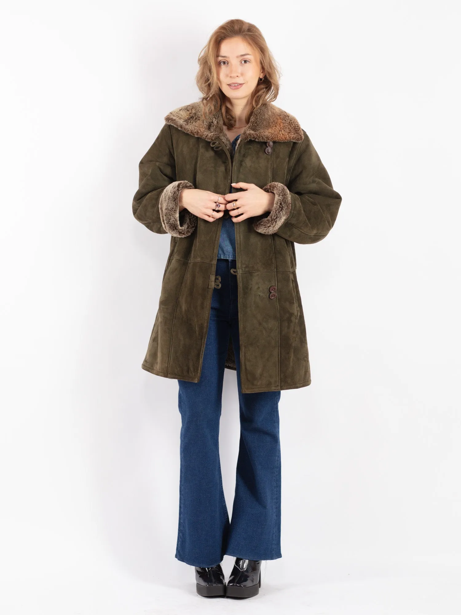 Vintage 90's Women Sheepskin Coat in Green