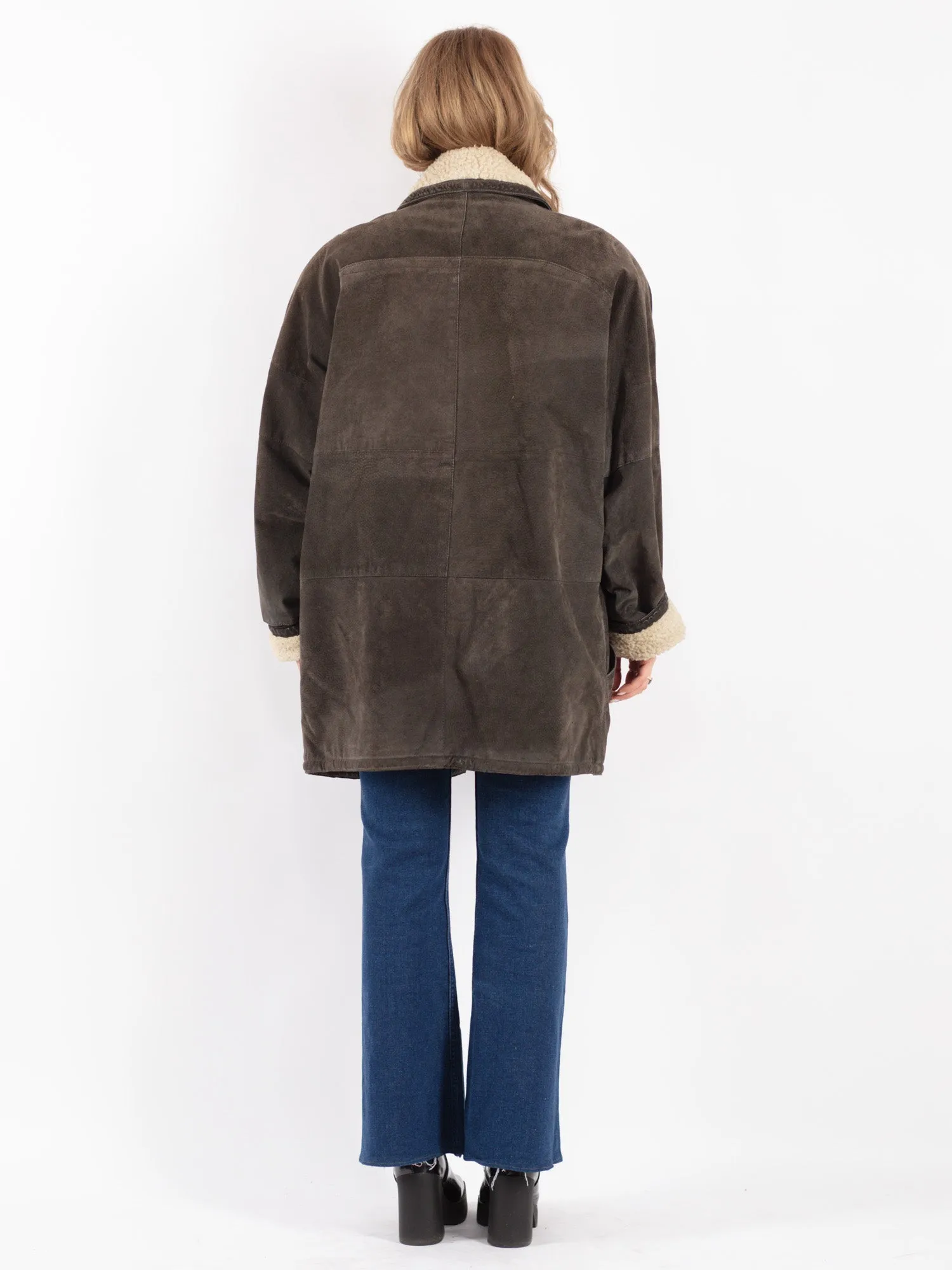 Vintage 90's Women Suede Sherpa Coat in Gray