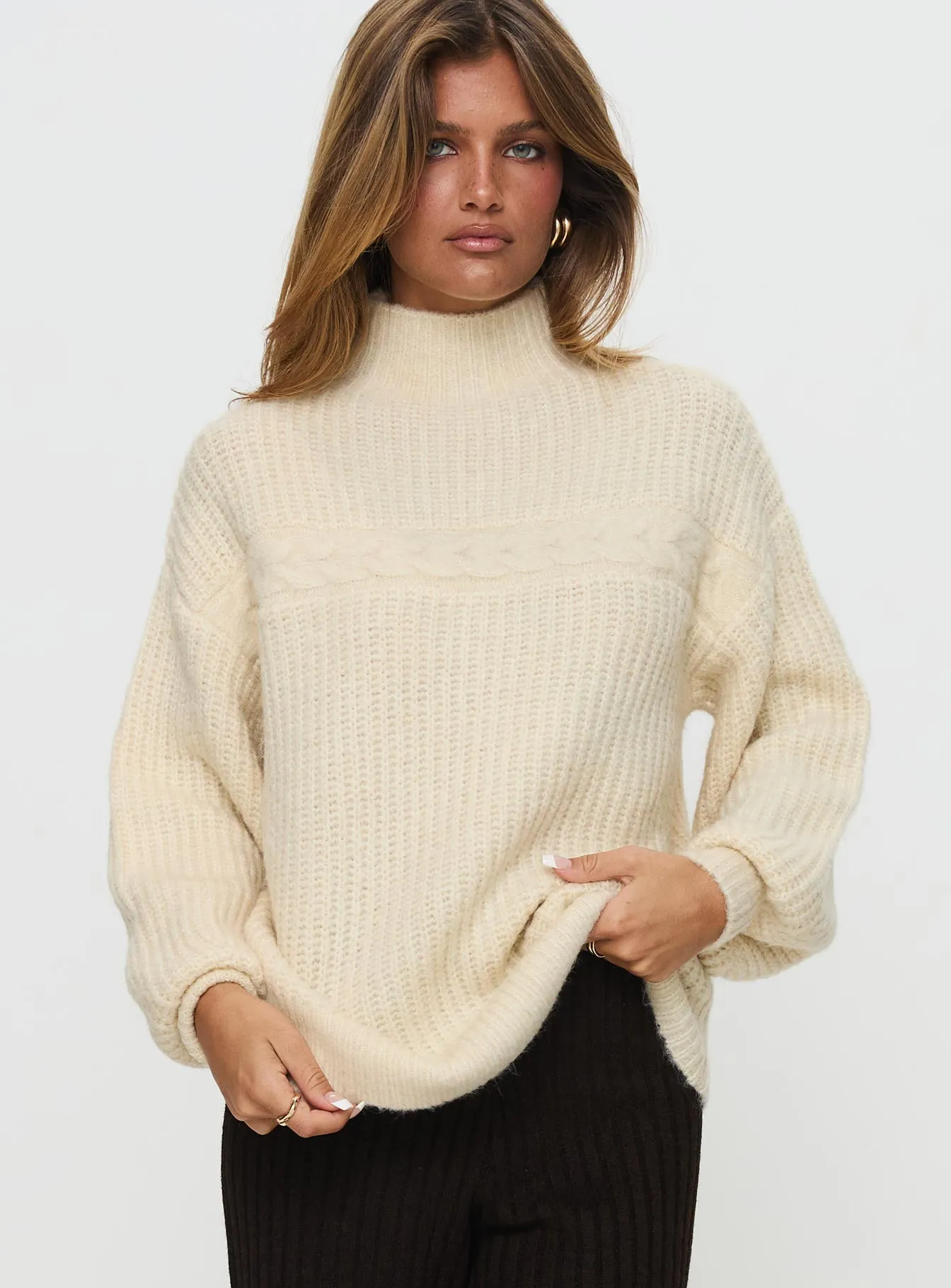 Wistfully Funnel Neck Knit Sweater Cream