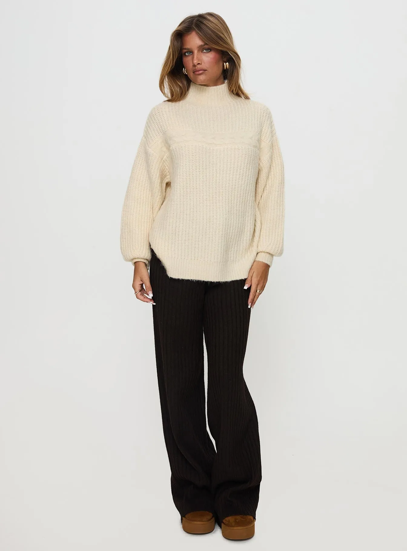 Wistfully Funnel Neck Knit Sweater Cream