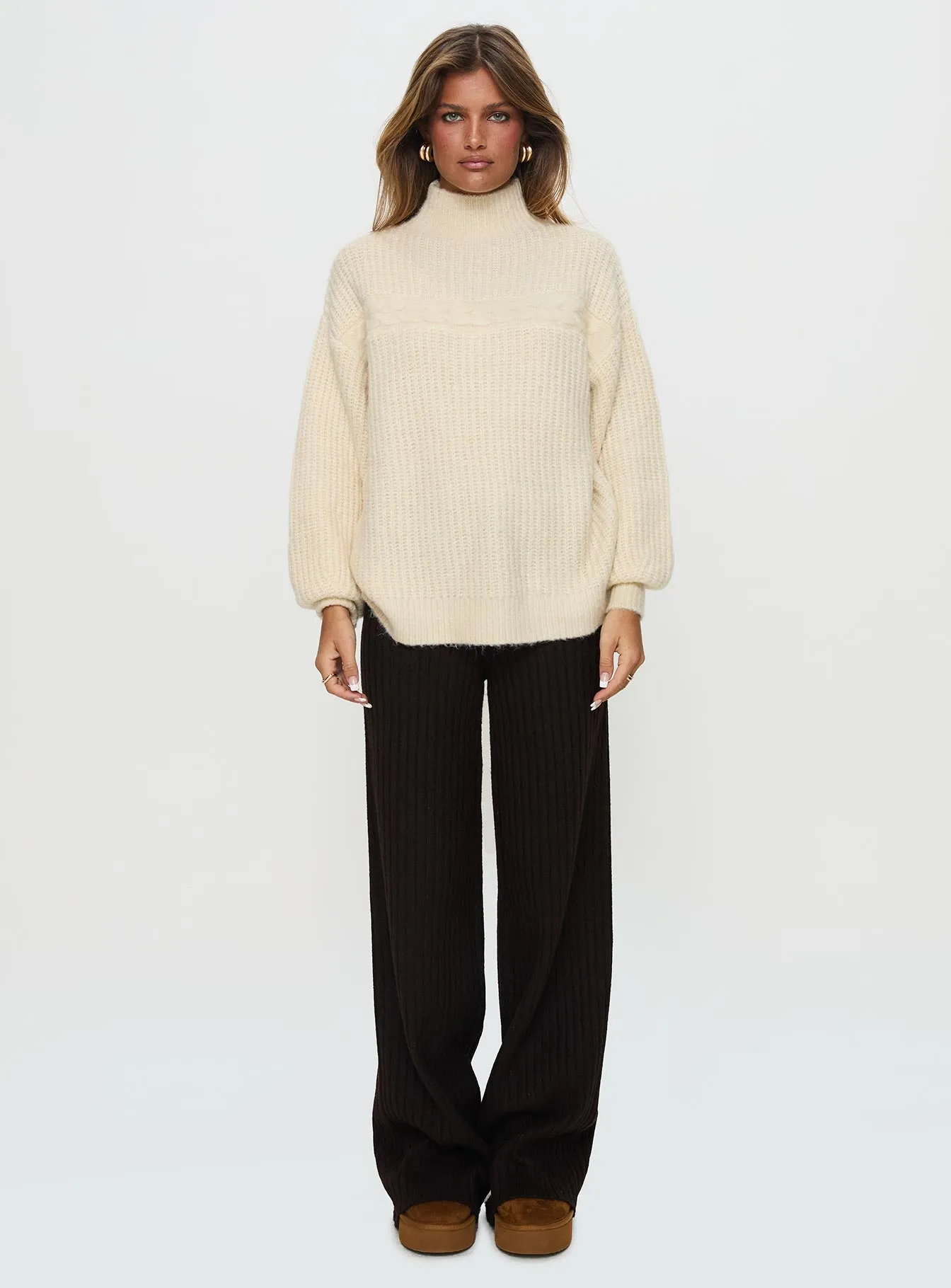 Wistfully Funnel Neck Knit Sweater Cream