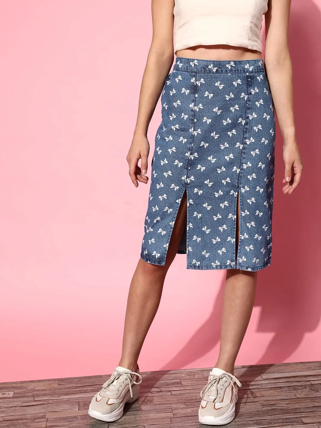 Women Blue Bow Print Pencil Midi Skirt