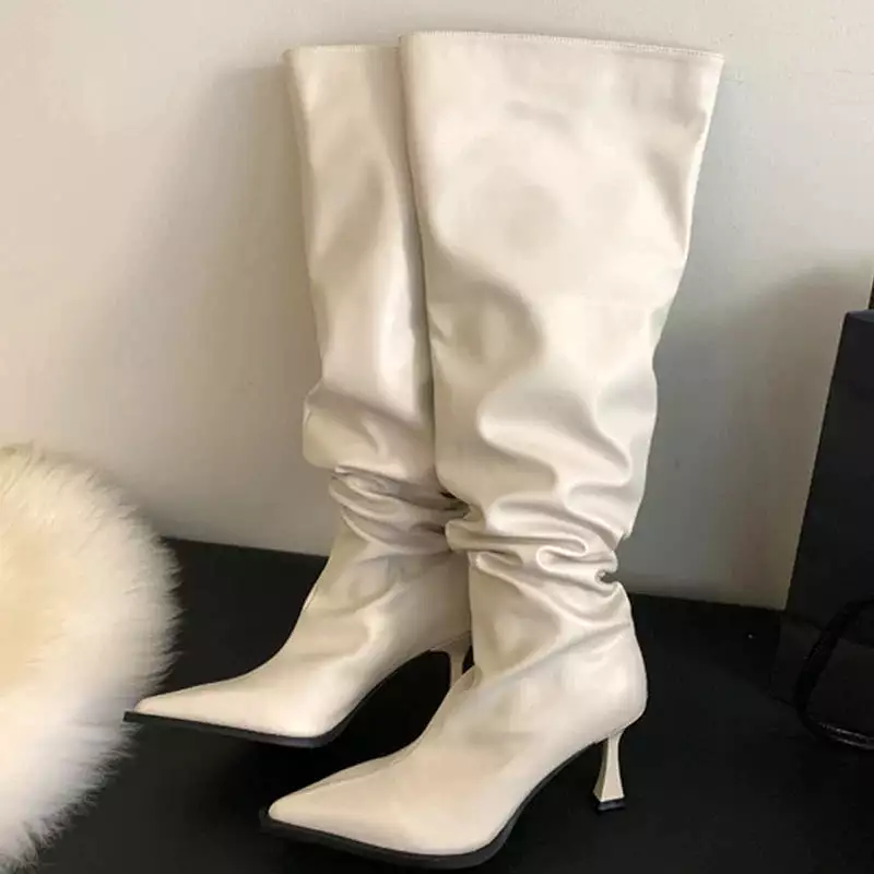 Women Long Runched Boots Ladies Pumps Shoes Fashion Design Pleated Slip-On Shoes 2023