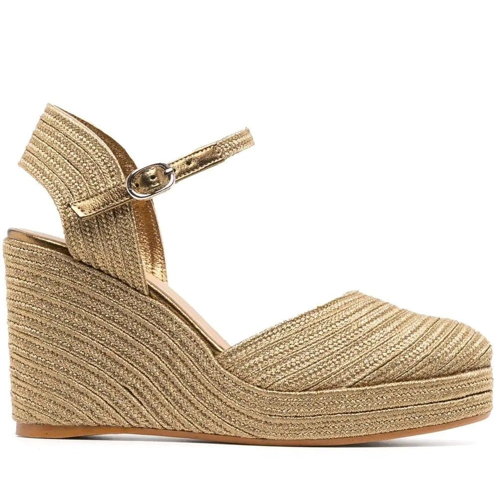 Women Luxury Sandals Golden Bordered Woven Wedges Platform Elegant Shining Silk Thread Riband Heel Cover Hollow Buckle Shoe