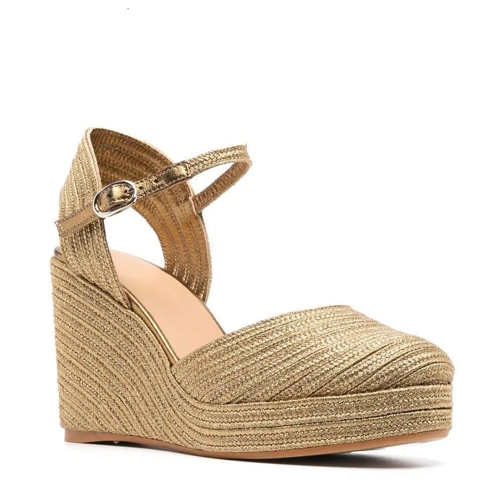 Women Luxury Sandals Golden Bordered Woven Wedges Platform Elegant Shining Silk Thread Riband Heel Cover Hollow Buckle Shoe