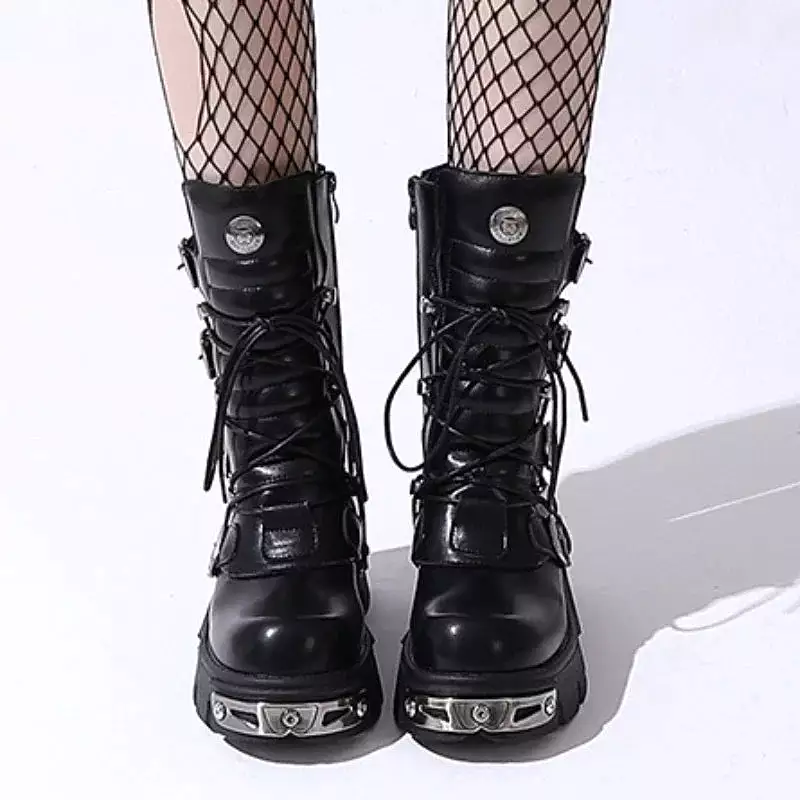 Women Punk Biker Boots Winter Black Leather Bellow Knee Boots