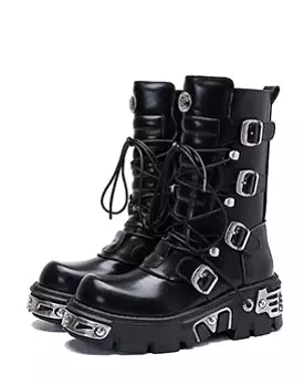 Women Punk Biker Boots Winter Black Leather Bellow Knee Boots