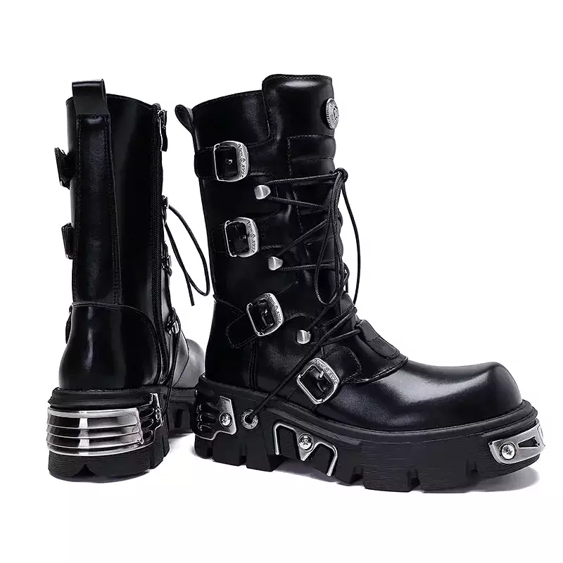 Women Punk Biker Boots Winter Black Leather Bellow Knee Boots