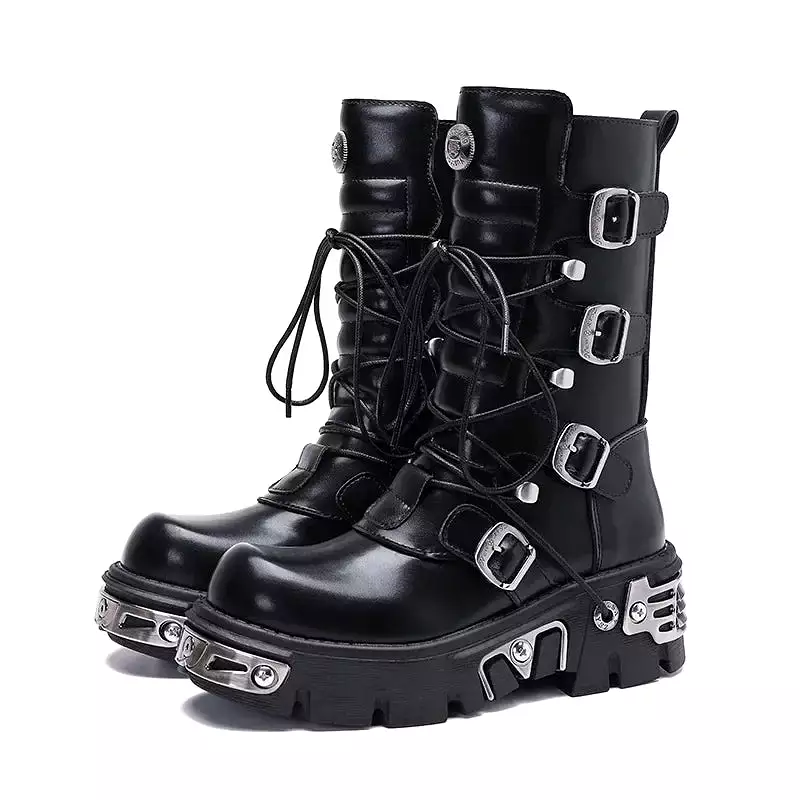 Women Punk Biker Boots Winter Black Leather Bellow Knee Boots