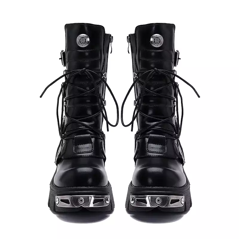 Women Punk Biker Boots Winter Black Leather Bellow Knee Boots