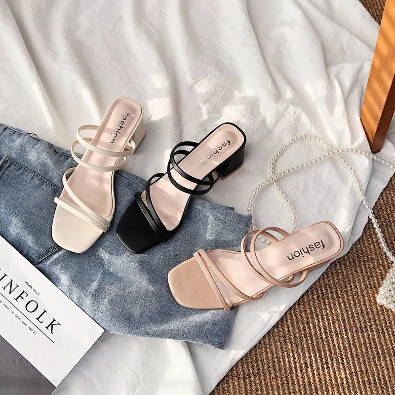 Women Sandals Ladies Square Heels Elegant Summer Slippers Outside Cross Tied Leather Female Slides