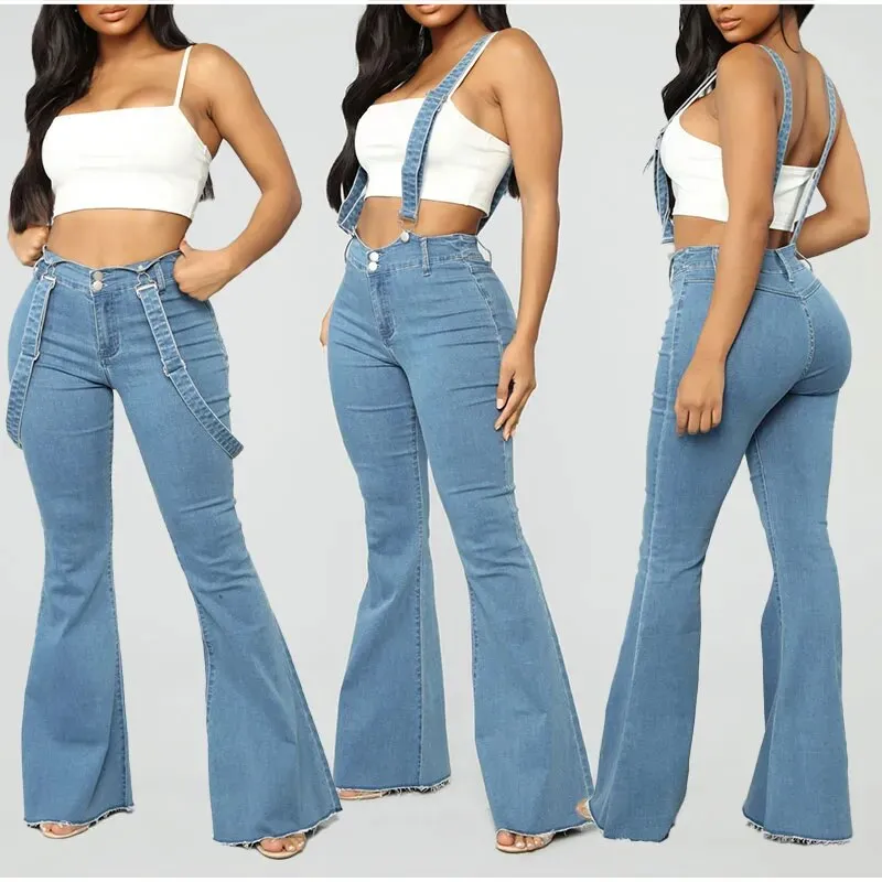 Women's Vintage Streetwear High Waist Wide Leg Denim Suspender Pants