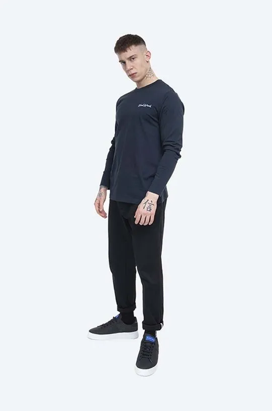 Wood Wood cotton longsleeve top Peter Longsleeve navy blue color